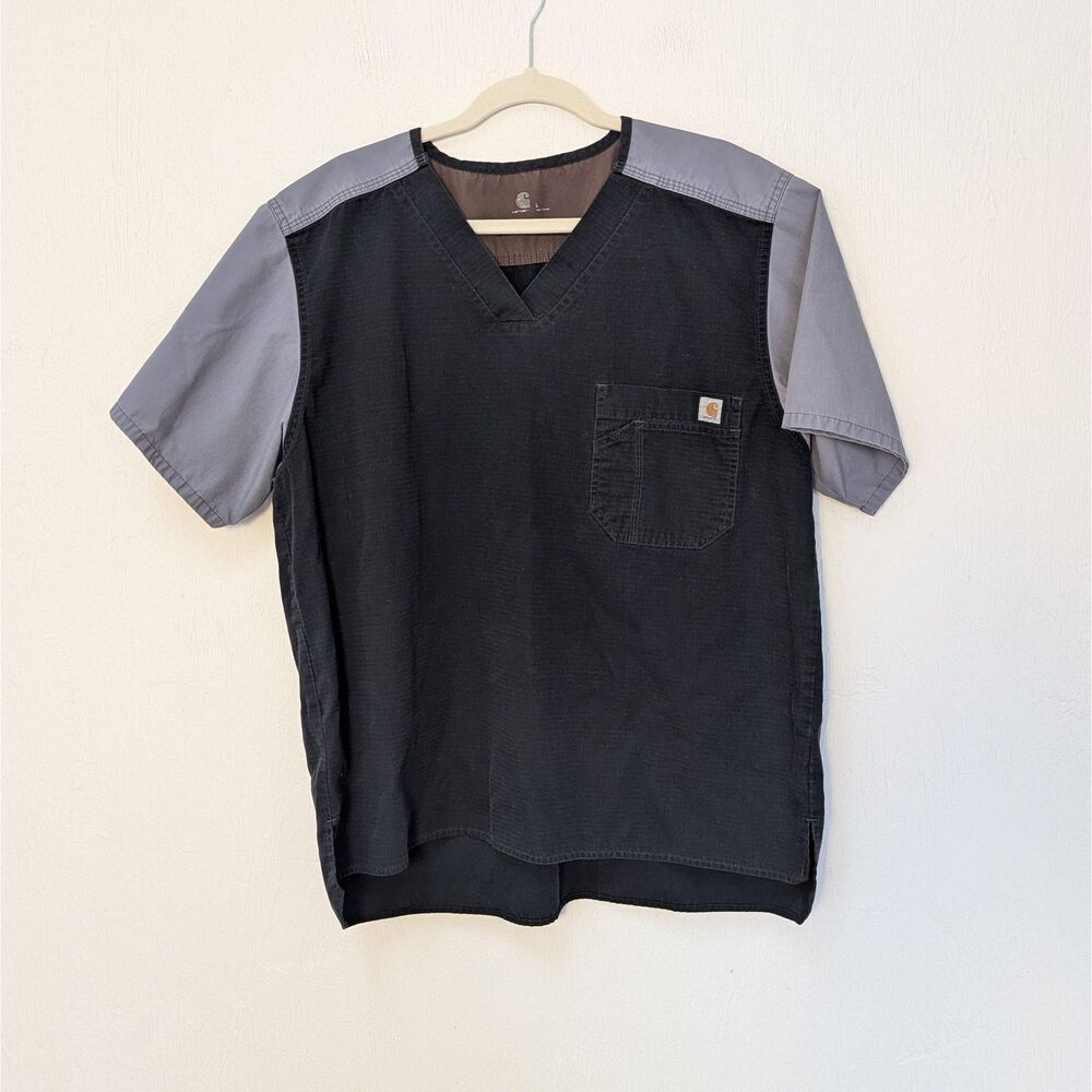 Carhartt Scrub Shirt Mens Large Black Gray Colorblock V-Neck Pocket Medical